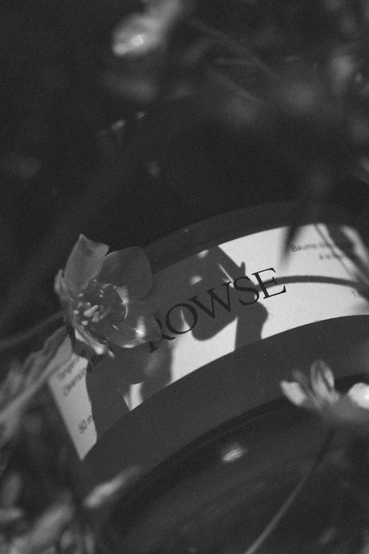 Black and white close-up of a bottle with 'Rowse' branding, surrounded by foliage.