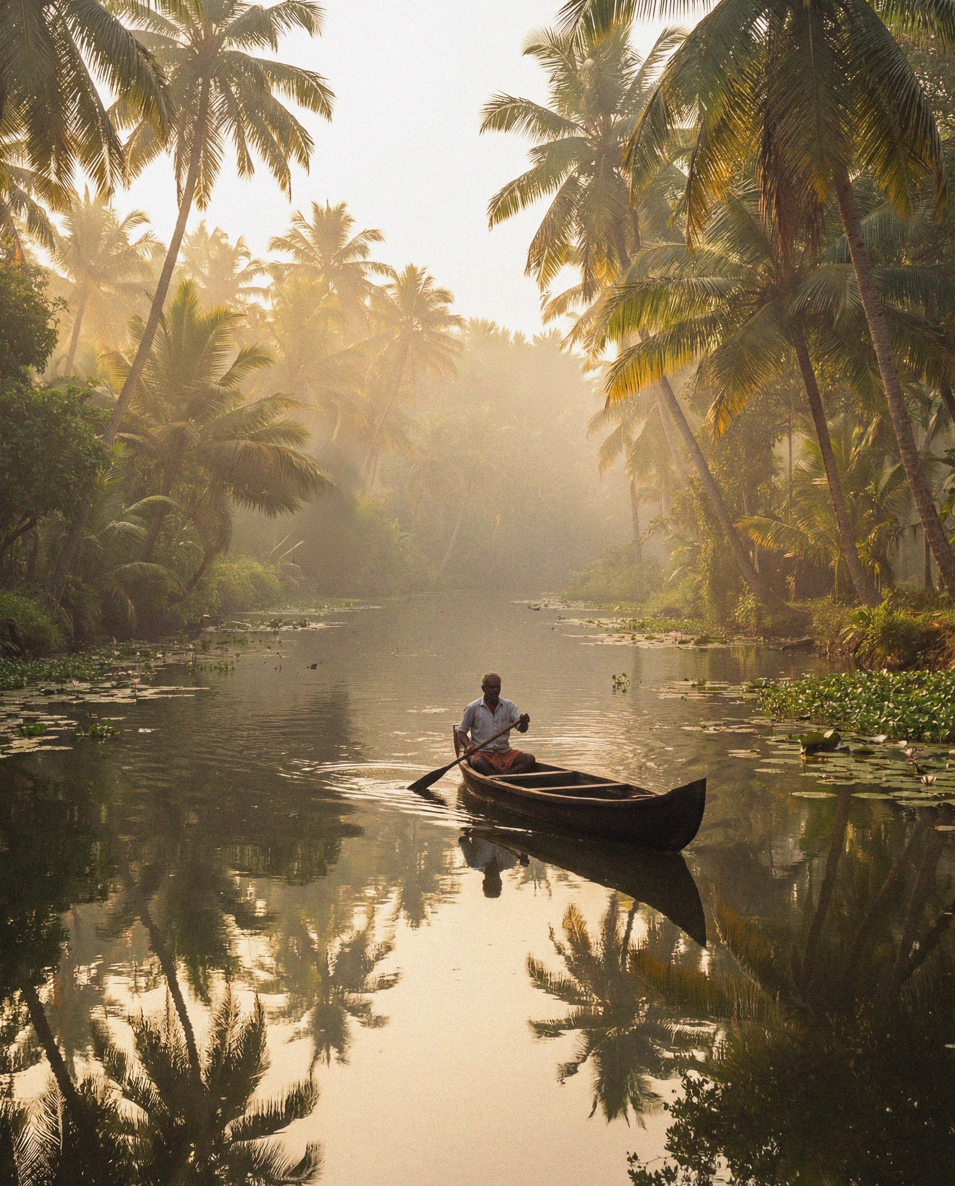 Person rowing a boat through a tranquil river surrounded by palm trees
